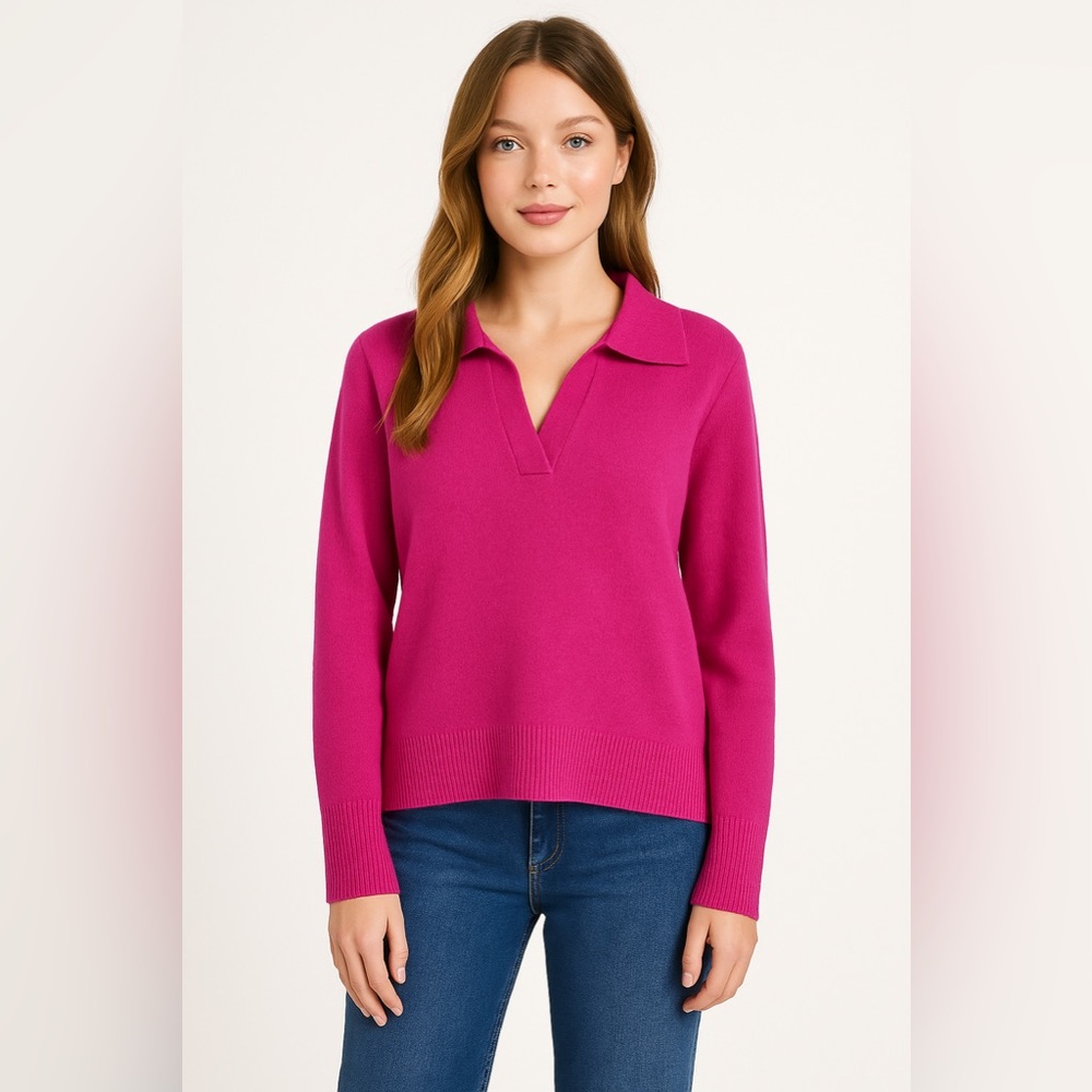 Lisa Yang Serena Cashmere Sweater V-Neck Polo Collar Pullover Top, Size 1 (S/M)